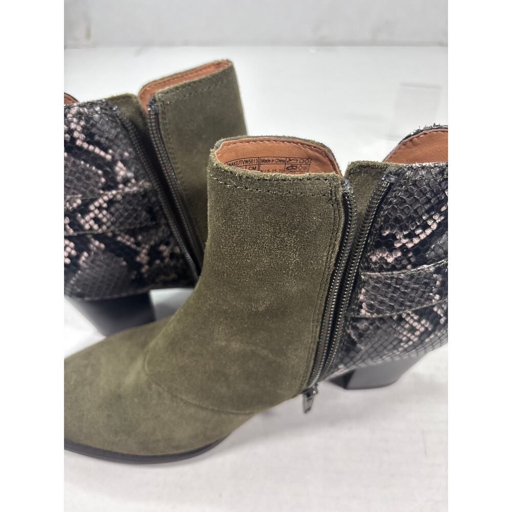 Vionic Naomi Olive Suede Ankle Boots with Faux Snakeskin, Size 8 - Picture 6 of 8